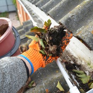 Cleaning gutters with orange glove on hand.